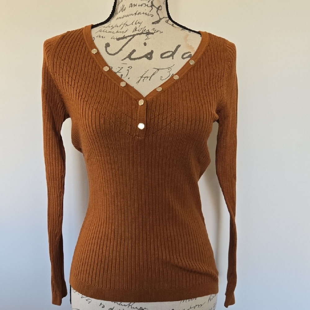 White House Black Market HENLEY RIB-SNAP V-NECK PULLOVER SWEATER COGNAC XS NEW